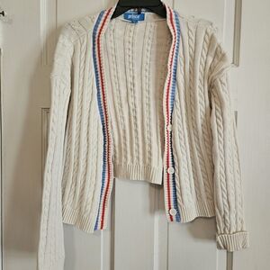 Cream Cable Knit Cardigan with Striped Trim